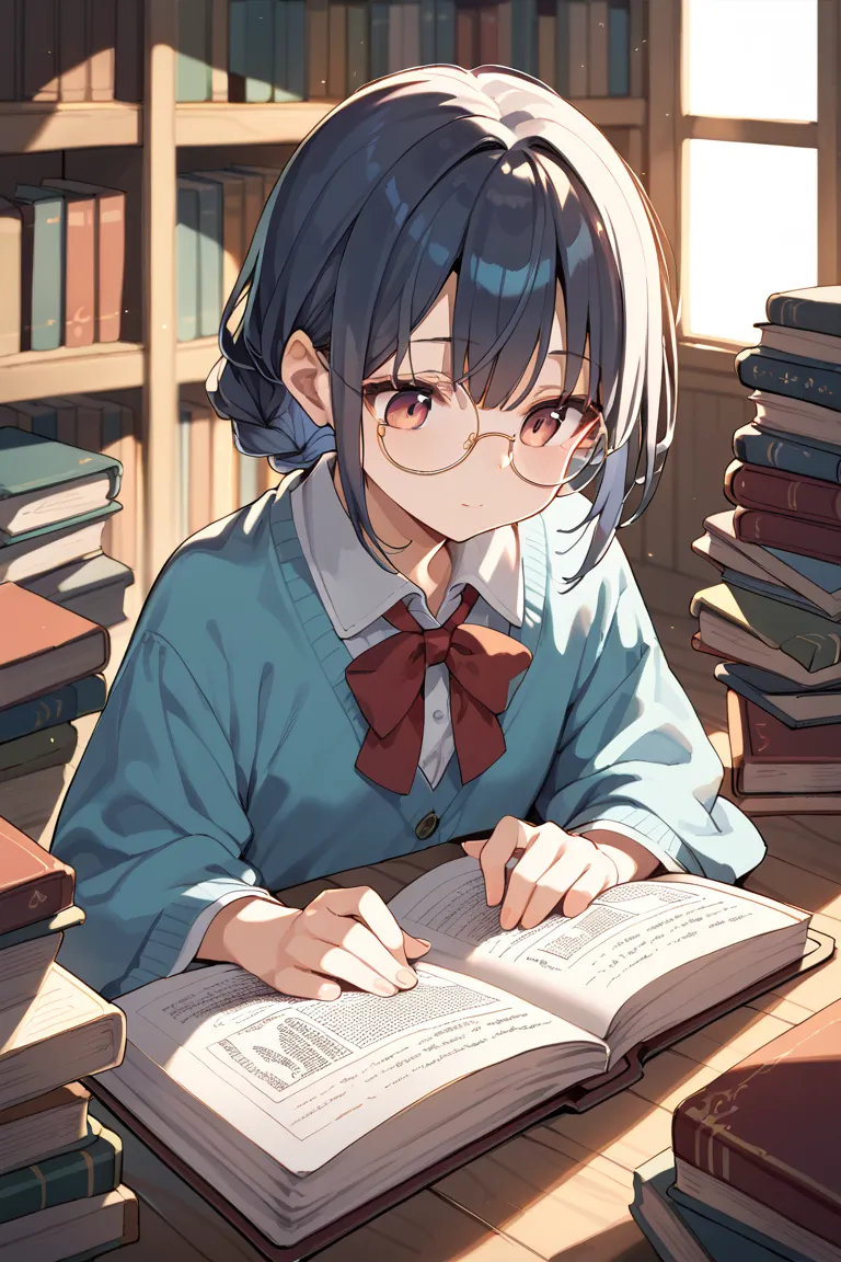  girl、 round glasses、I like books 、Library