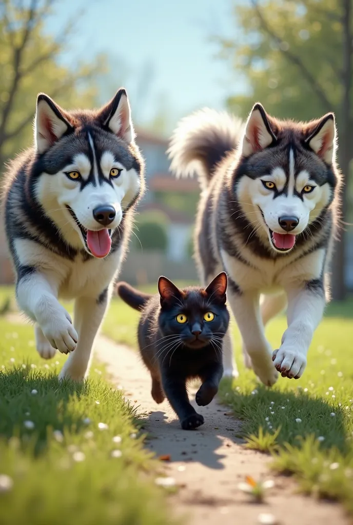 two husky chasing a black cat and the black cat escaped because a human helped him