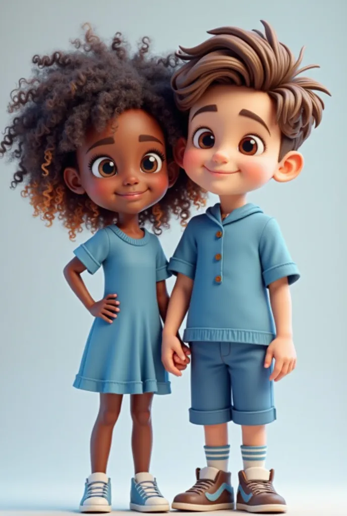 a boy and a girl together in 3D the girl has slightly dark skin has colored curly hair, wears a blue outfit and the boy with brown hair and brown eyes wears a blue outfit too and they are both sweethearts 