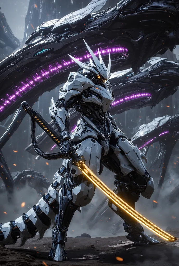 "A futuristic samurai-inspired mech warrior stands with a massive glowing katana, its cybernetic armor blending sleek white plating with black mechanical joints. Its segmented tail glows with golden energy. Above, colossal alien spacecraft fill the sky, th...