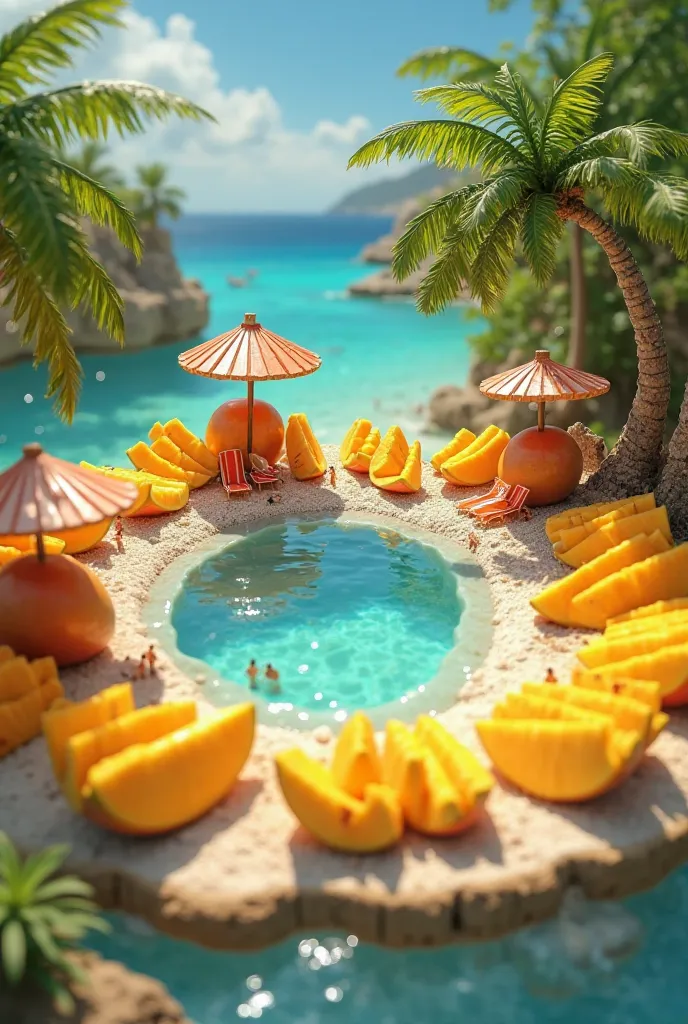 A tropical island scene built with mango slices as sandy beaches and a coconut pool. Tiny figures are lounging under mango umbrellas. Bright, vibrant tropical tones dominate. Ultra-realistic in 8K, showcasing the smooth texture of mangoes and clear coconut...