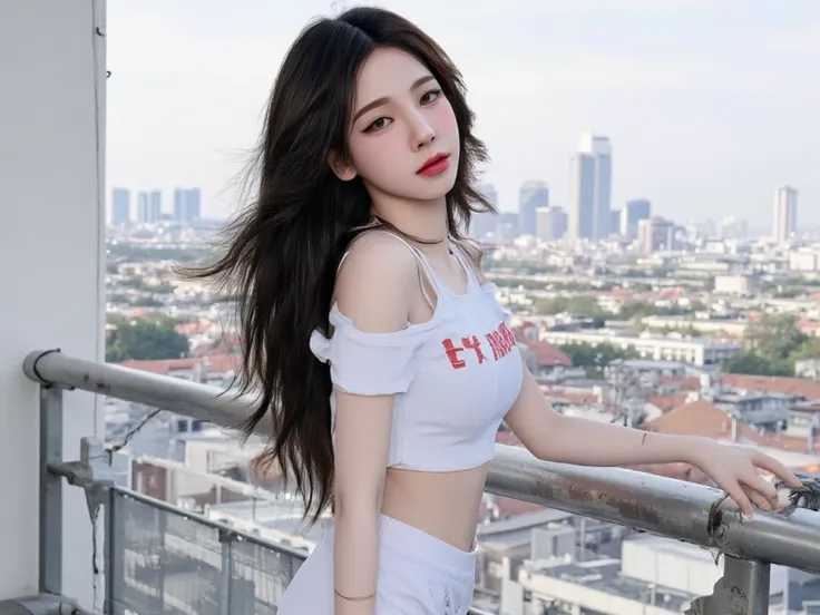 8k , Standing by the balcony , background as a city building, 1 female, long black hair, gradient, Crop Top white,  shorts,  smooth white  (medium bust) ,slim figure,  full body, red glossy lips,(Extremely detailed beautiful face) realistic