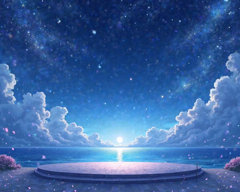 anime night sky starry themed empty stage with ocean in the background