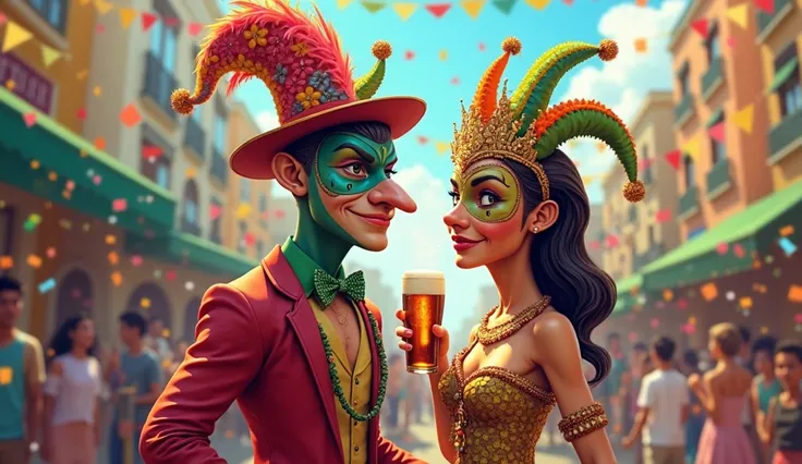 
Pierro in a mask and Colombina with white skin holding beer at Rio de Janeiro Carnival