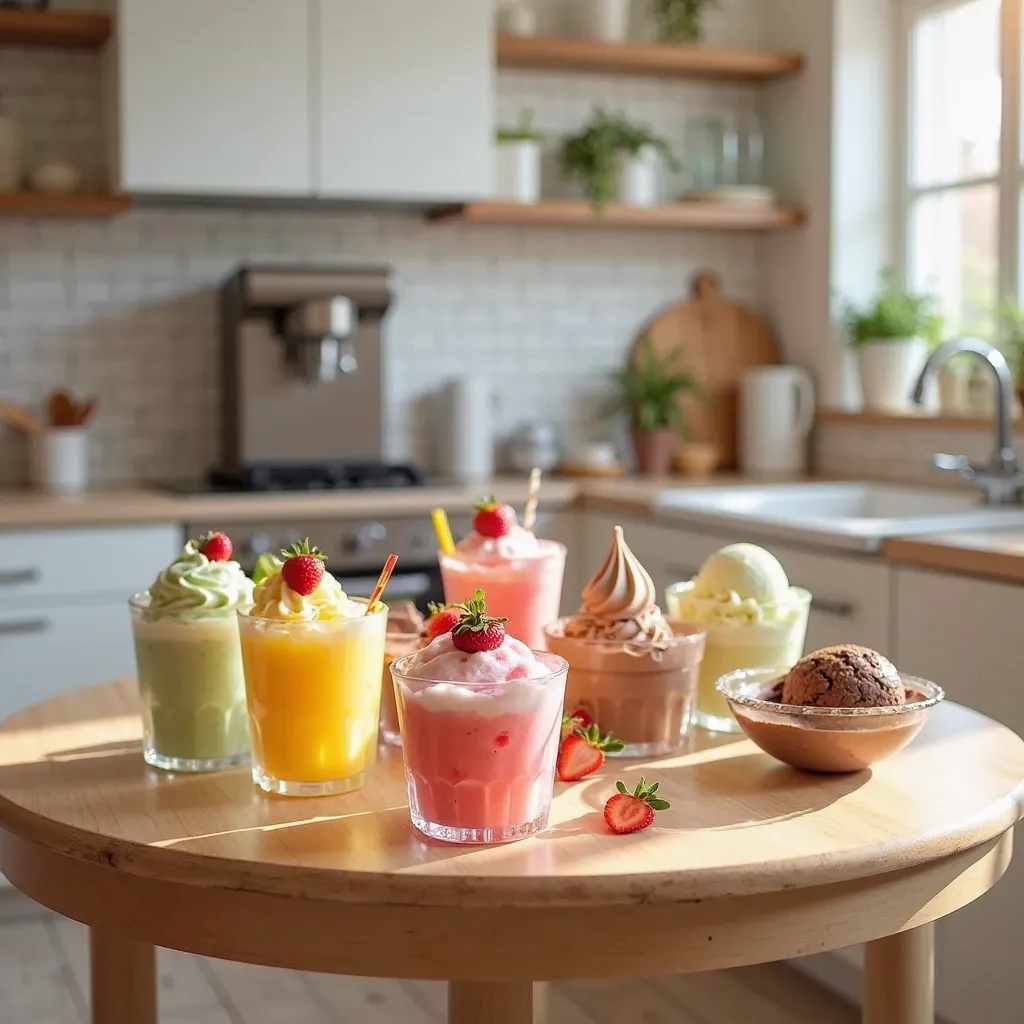 Wide angle shot of a smooth round wooden table with a variety of glass bowls and glasses evenly placed with ice cream and ice cream cold drinks plus a stainless steel ice cream maker, including: strawberry milkshake, rose cocktail sorbet, mango sorbet, lem...