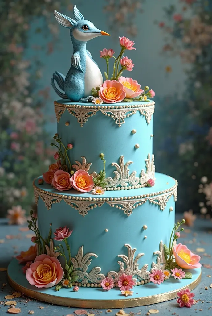 Create a blue 2-story cake with lots of well-done beak work and some details from Alice in Wonderland from 1985 with floral details 