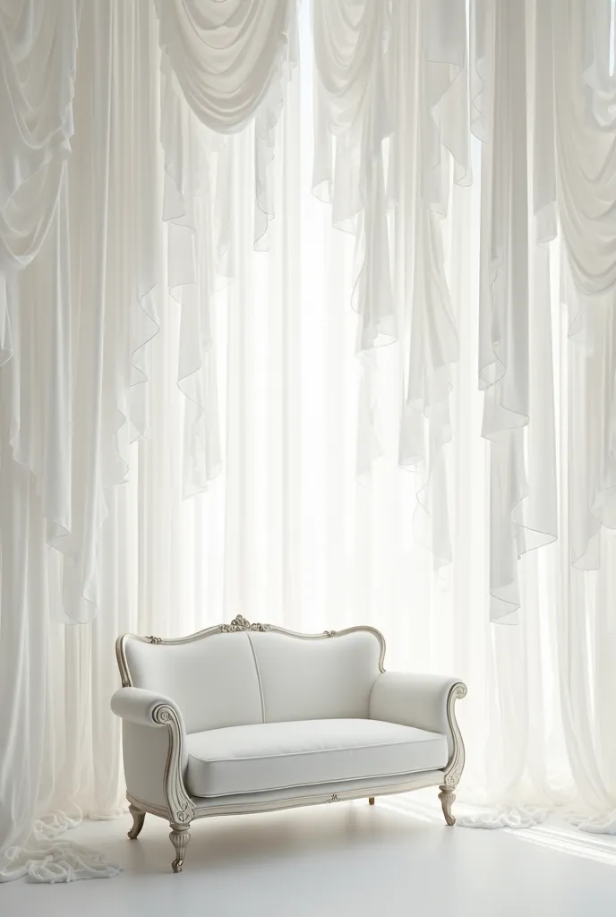 A room with fabrics hanging scattered from the ceiling, all white., That it has a white Victorian style sofa