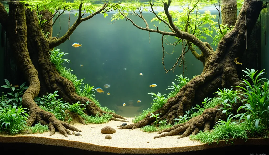 A natural aquascape inspired by the Mekong River biotope, featuring sandy substrate, driftwood, smooth river stones, and lush aquatic plants like Vallisneria and Limnophila. The tank hosts native fish such as Rasbora, Gourami, and Loaches, with soft, sligh...