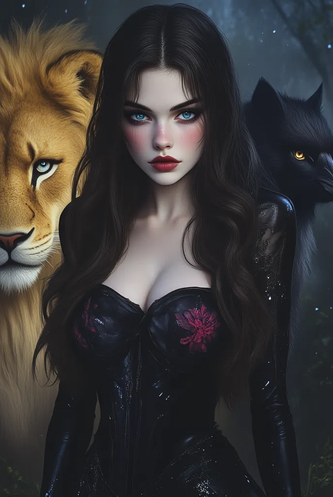 Realistic image of a very beautiful woman with blue eyes and long straight black hair with red lips and fine and delicate fractions,  wearing a black dress, in a forest with a yellow lion and a black and white Siberian wolf and a crow at night in the dark,...