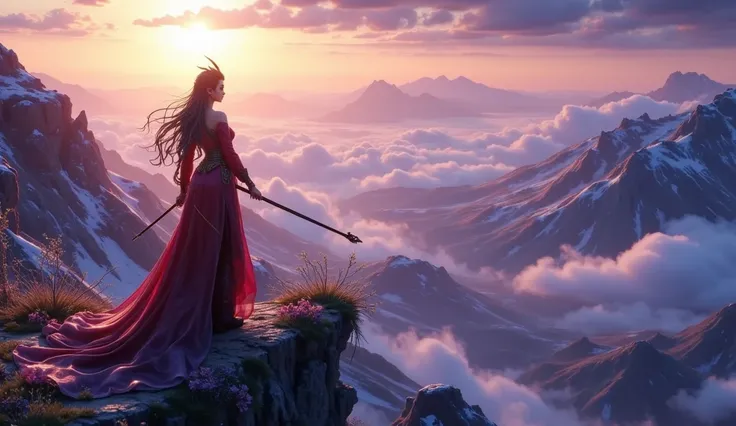 screen：On the Yangsha battlefield under the setting sun，Song You, a female general in a red robe, is isolated on a cliff，, enemy forces are approaching like a black tide，Look into the distance with a long gun