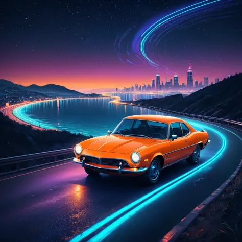 View of an orange retro car driving on a winding highway towards the city at night, The city on the horizon and the winter sea. starry sky, neon lights, Synthwave style colors. very accurate, realistic,  vibrant, Exquisite ,  is amazing ,  Like Epic Movies...