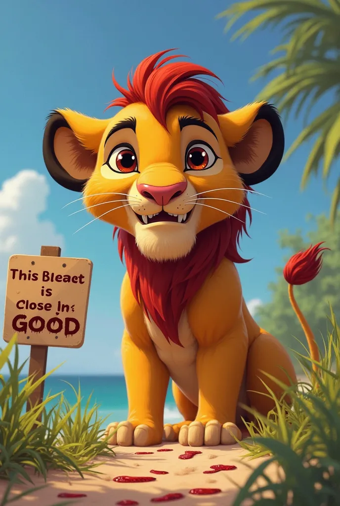 Character Kion,movie the lion guard,Disney,beach sign THiS BEACH IS CLOSE FOR GOOD,bloodly footsteps found,Kion hiding in grass big eerie scary grin showing teeth,looking at viewer,bloodly writing LEAVE HES COMING,human being bones,handprints,nightmare,peo...