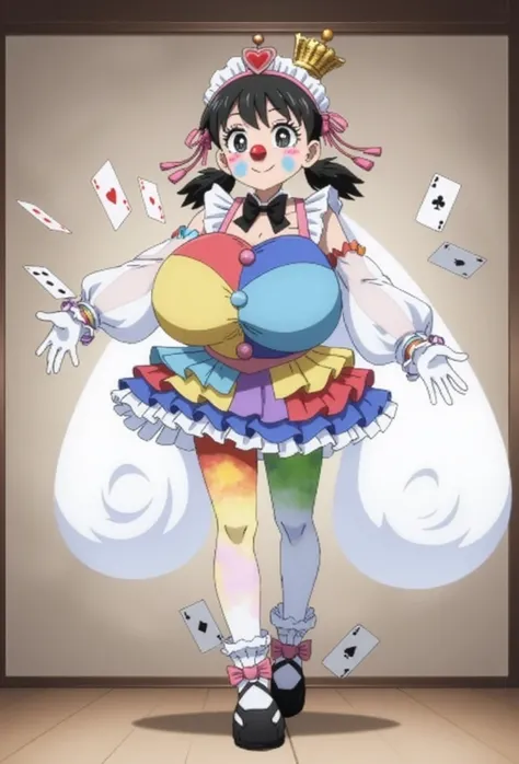 Skin: Female Clown The  has a serene and whimsical appearance, dressed in a pastel-colored outfit incorporating card suits (hearts, clubs, diamonds, spades) Their long, flowing pastel pink hair is styled in soft waves, almost reaching the floor They have l...