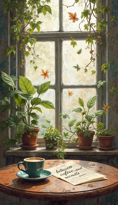 a table in front of a window, through the window you can see several decorations with plants and vines, There is a cup of espresso on the table, A lot of leaves fly through the air with several doodles, To one of them, The one that focuses the most on the ...