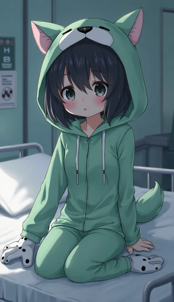  dark black hair, black eyes,hospital room bed,1 girl, high resolution, textured skin, very detailed, shortcuts,Petite, Low, middle school student,No breasts,slender,green fox costume pajamas,big hood、Baggy, short hair,Mokko Moko's pajamas,paw design glove...