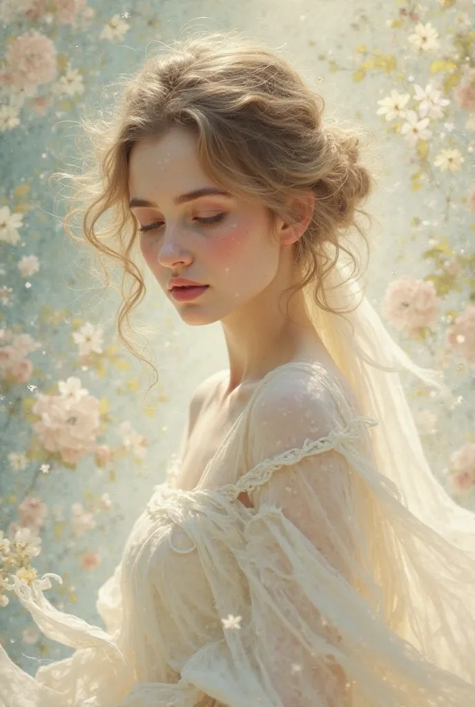 A serene portrait of a young woman draped in flowing white fabric, looking down with a gentle expression, surrounded by ethereal swirls, evoking a sense of purity and grace. Digital painting, soft and dreamy style, inspired by Art Nouveau, soft, diffused l...