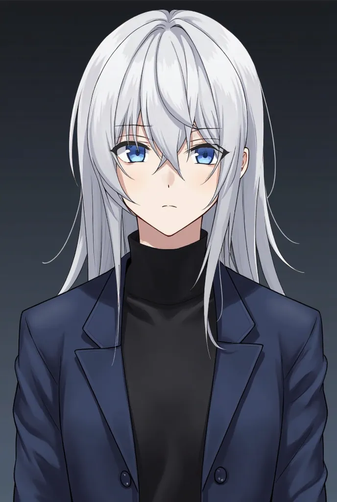 Solo, high resolution, Masterpieces, anatomically correct, best quality, Long hair, leaving to the shoulders, Silver hair, shut your mouth,  serious, Stare, Stare intently, simple background, private view, wearing a dark blue coat,  bodice next to a black ...