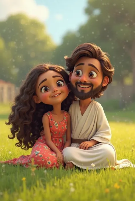 Generate a Pixar Cartoon 3D image of Uma and Jesus,The has big eyes, small nose rounded face,  long curly hair ,she is wearing a beautiful dress printed with flowers , Jesus is wearing an all-white tunic,they are sitting on a green field with an expression...