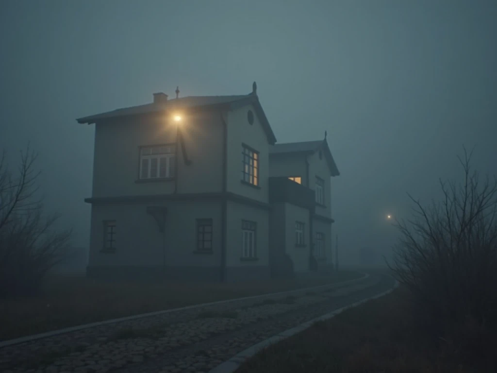 a view of a building with a light on it in the fog, octane render. fog, gloomy cinematic lighting, in the art style of filip hodas, zaha hadid octane highly render, cinema 4d cinematic render, cinematic 4k octane render, super rendered in octane render, in...