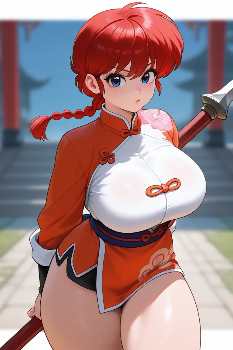 Ranma chan, red hair, blue eyes, thick thighs, big breasts, taki (soul calibur) costume