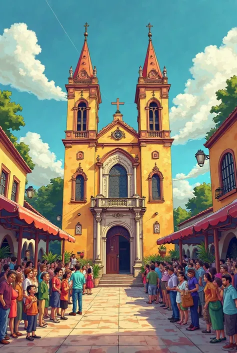 Comic with cartoons, characters and dialogues about a church called Iglesia de la Compañía 