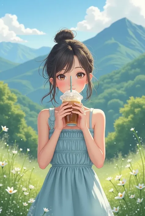 Realistic Asian girl dressed in light blue in Hokkaido drinking iced coffee 