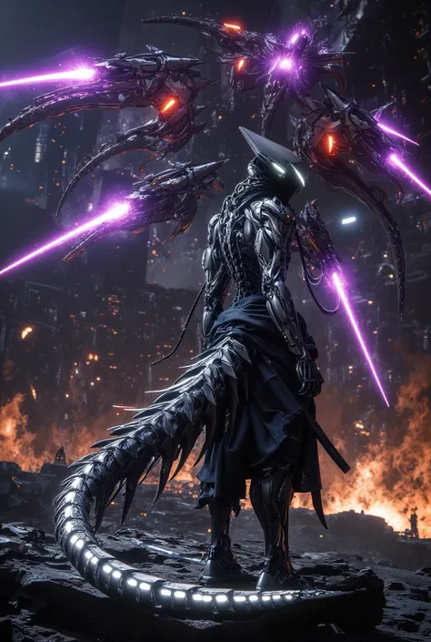 "A sleek cybernetic ninja stands on the edge of a crumbling space colony, its armor reflecting the neon glow of the burning skyline. A long, segmented metallic tail coils behind it, pulsating with energy. Above, a fleet of alien ships, glowing with violet ...