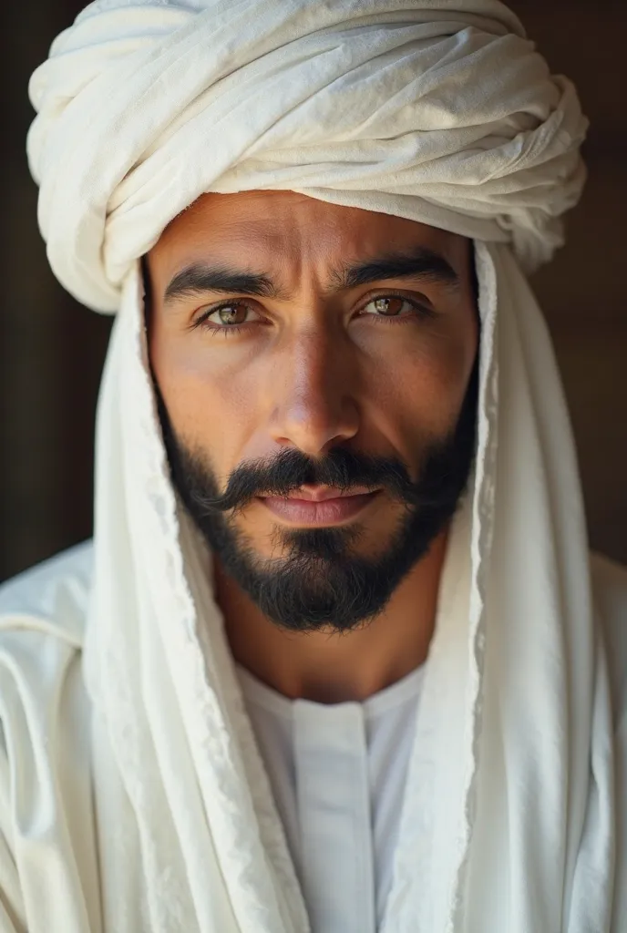  White man, com roupa branca, Arab clothing,  honey brown eyes, beard and brown hair,  with white turban 