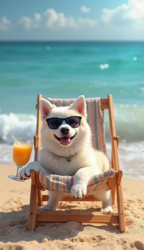 An adorable realistic puppy,  Siberian Hask lying comfortably on a wooden beach chair with striped fabric,  on the golden sand . He is wearing stylish black sunglasses, looking relaxed while enjoying the sunny day. Next to the chair, he holds a glass of ju...