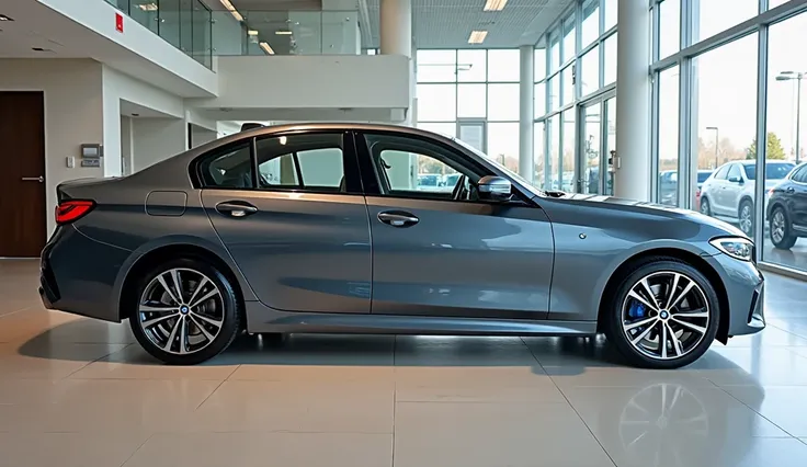 "A full side view of the 2025 BMW 3 Series, displayed in an elegant showroom. The car has a sleek aerodynamic profile, bold character lines, and stylish alloy wheels. The polished showroom floor and glass walls provide a premium backdrop, making the car lo...