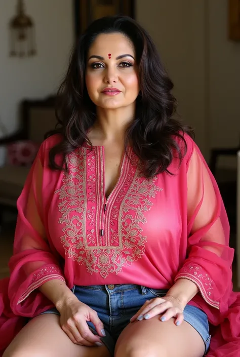 


 ((32K, top-quality:1.5, masterpiece, A high resolution, Photorealsitic)), A beautiful young Pakistan's chubby,40 years old , bindi and light lips woman wearing  ruby white colour sleeveless embroidery shirt
 and blue denim shorts. White pointed toes,  ...