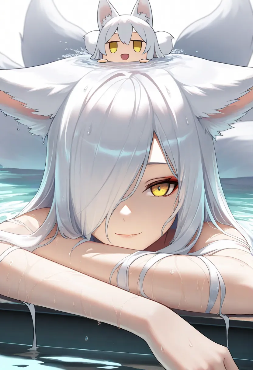 1 ,  fox tail,  multiple tails , white hair, long hair, animal ears, masterpiece,  Yellow Eyes,  Kitsune, hair over one eye,  Light Smile , bath, In the head, water, partially submerged, vapor, close-up,  portrait, Open Mouth, wet, armrest, looking at the ...