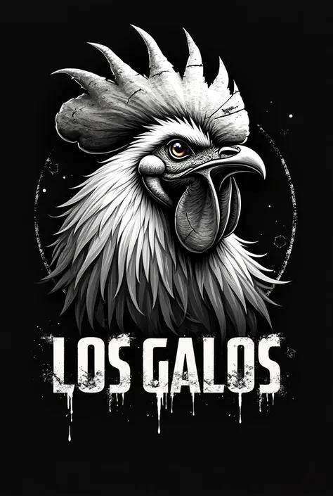 Create a rooster head logo with the name on the bottom "Los Galos",  with black background, Also, add a scratch on his face