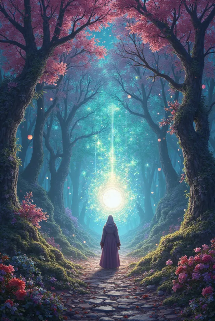 A mystical, colorful forest filled with glowing trees and floating magical orbs. A shimmering portal stands in the center, radiating energy, with a wizard standing before it, preparing to step through. The atmosphere is vibrant and dreamlike