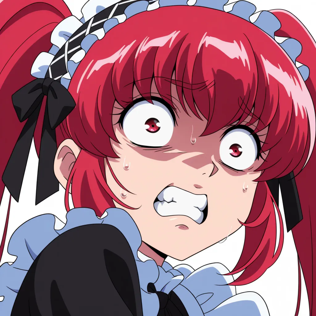 1girl,solo,teeth,clenched teeth,parody,twintails,constricted pupils,lolita hairband,retro artstyle,hairband,red hair,long hair,pink hair,style parody,sweat,frills,gothic lolita,lolita fashion,maid headdress,anime coloring,1990s (style),bangs,wide-eyed,fril...