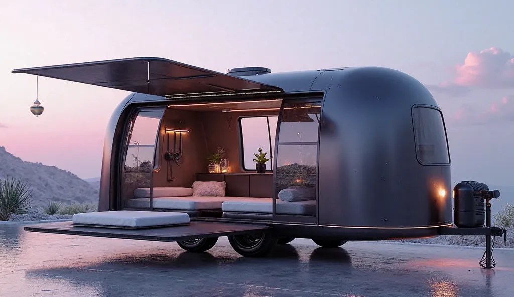 A futuristic  Back rendition of the Airstream Basecamp 2025, designed in a sleek purple color scheme. The iconic silver exterior is replaced with a matte black finish, giving it a modern and sophisticated look. The interior features a minimalistic design, ...