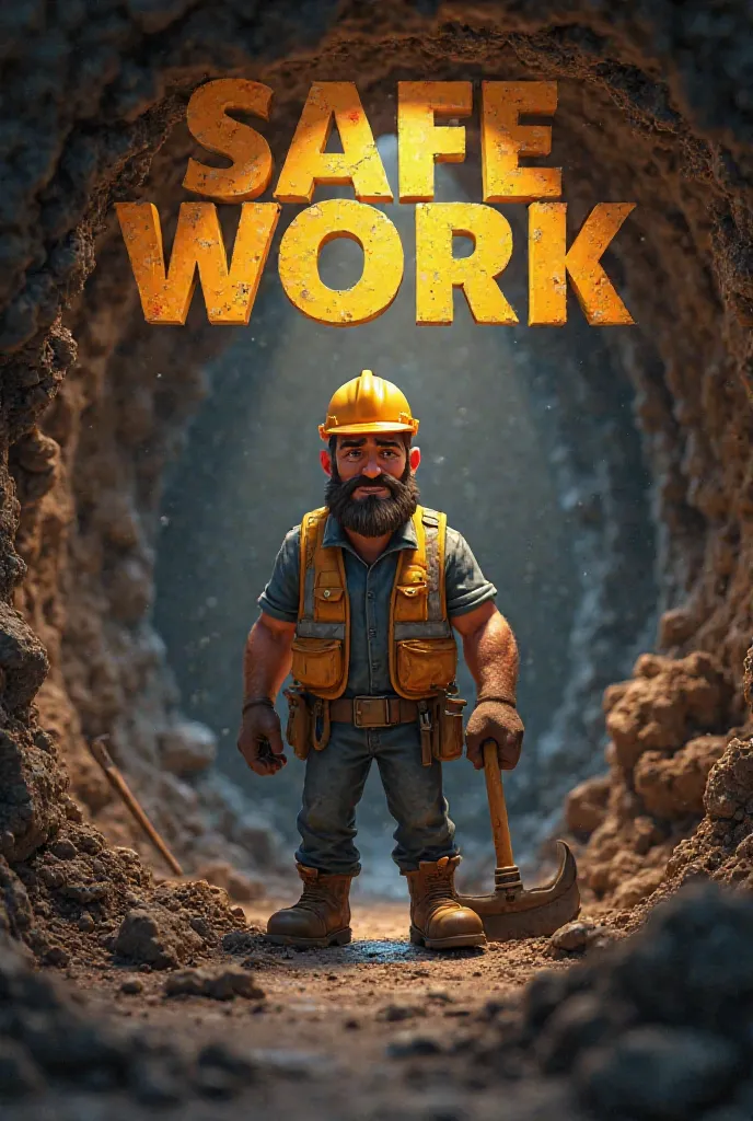 A mining worker animated with the words safe work