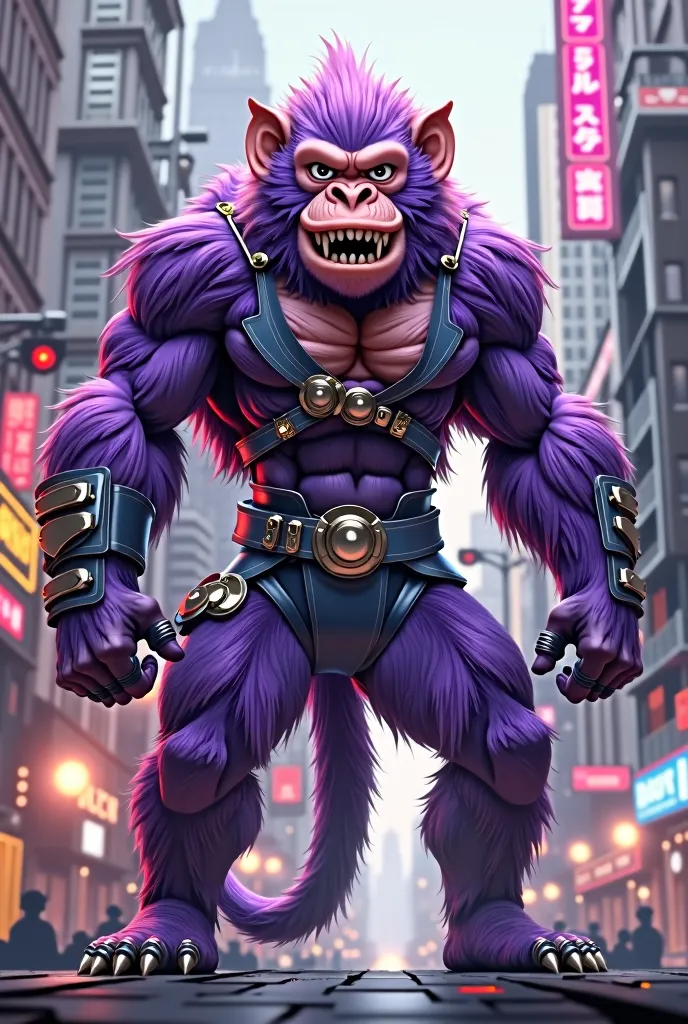 create a violet monkey with a lot of detail super hero style with white eyes full of fury, with a cyberpunk outfit in violet tones and with bo in his hands, 3d style cartoon