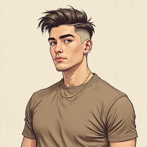 depicts a handsome young man with neat under-cut hair
wearing a knitted brown t-shirt turns it into a sketch.