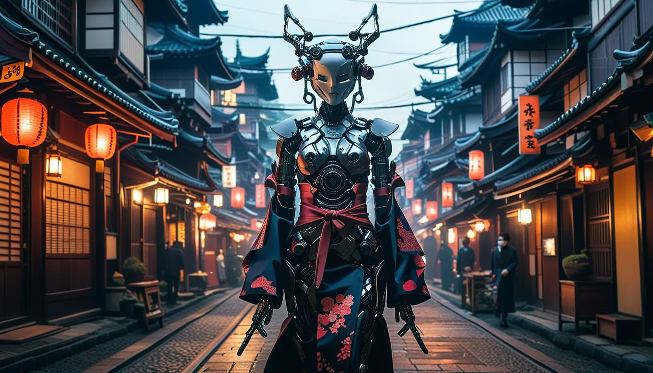 The surroundings are burning、fire、night、There are a lot of mechanical arms、Six arms、Creating an image of a female android in a beautiful kimono walking through the streets of Kyoto. The style is terrible, and the fusion of humans and Robots has a mysteriou...