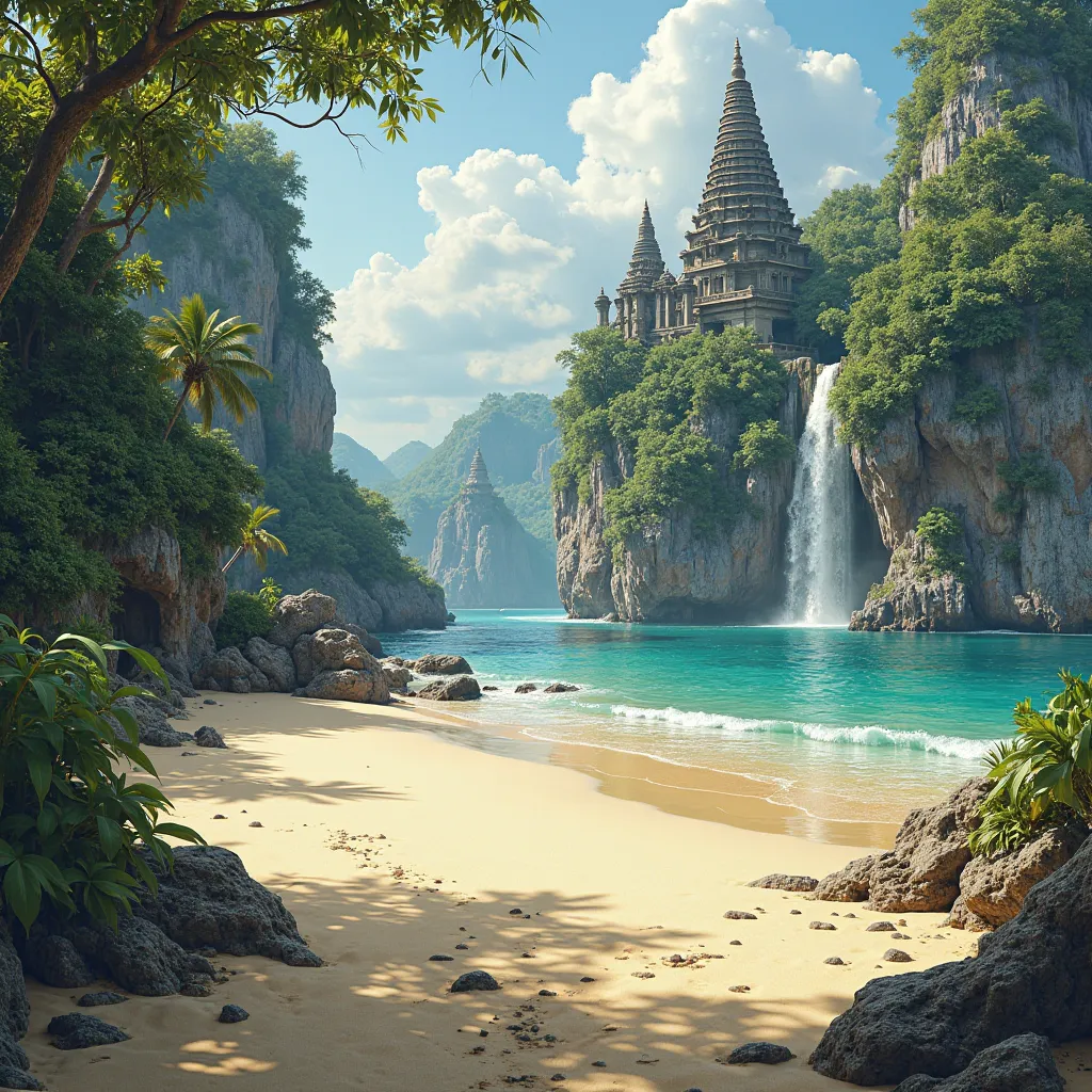 A beach biome with islands, the Earth is bathed in waterfalls and sand, ancient temples 