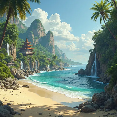 A beach biome with islands, the Earth is bathed in waterfalls and sand, ancient temples 