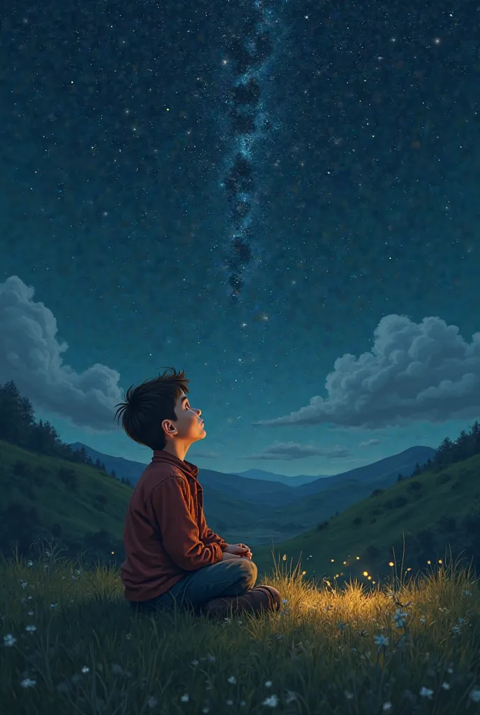 Images of a boy counting the stars 
