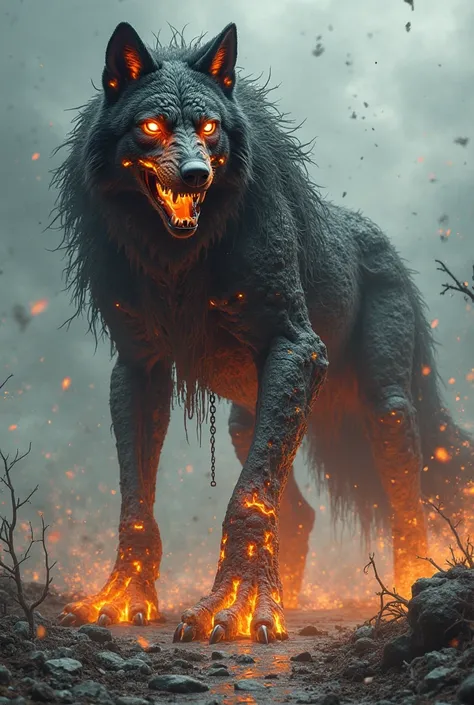 A towering, apocalyptic wolf with charred, stone-like flesh that constantly cracks apart, revealing molten veins coursing with cursed energy. Shattered chains still cling to its massive limbs, whispering ancient, forgotten incantations as they rattle with ...