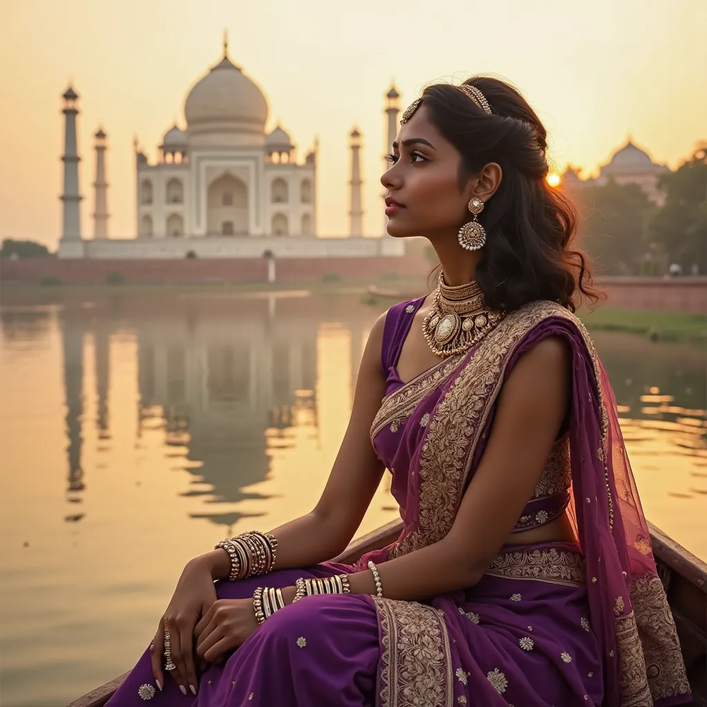 ((Side plane image, full body ,  side view, She's looking at the camera))   OF A BEAUTIFUL COLOMBIAN WOMAN . A young woman 29 years old light skin elegant Latina sits on the bow of a wooden boat, sailing smoothly through the calm waters of the Yamuna River...