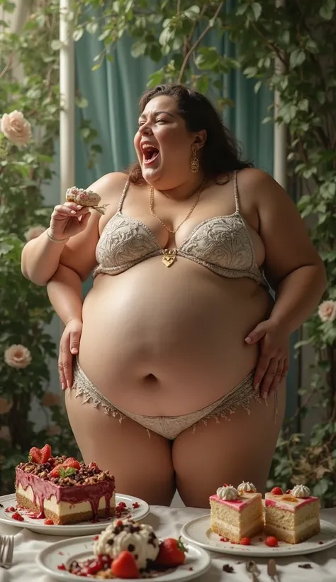 beautiful woman, very fat, weighs 1,330 pounds, wears a bikini, eats a big cake, ate 100 pounds, belly is very big, huge belly, can burst.