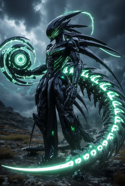 "A robotic warrior stands under a stormy alien sky, clad in dark armor streaked with glowing turquoise energy veins. Their neon turquoise eyes radiate an eerie glow. A long, segmented mechanical tail, pulsating with bright turquoise energy, arcs behind the...