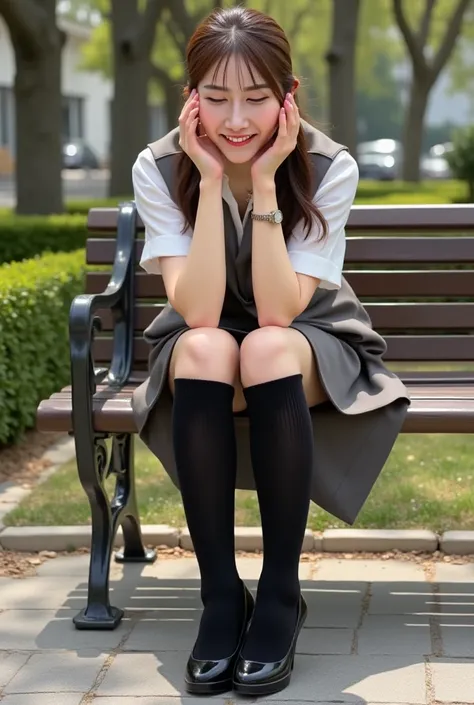 (  photorealism :1.2),  足を組んで座るbeautiful日本人モデル、39;  thick legs, Woman in uniform, 39;  office worker uniform  、Smiling stomach ache  、 sitting cross-legged on a bench 、 Staring at high heels 、Don&#39; doesn't put up with farts 、I laugh.、Farting a lot。 clos...