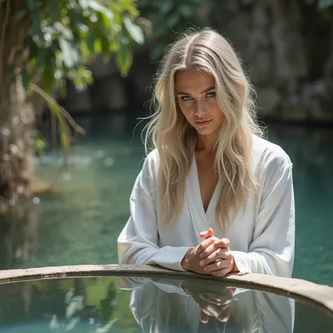 General shot of a beautiful woman dressed in a white robe who approaches and looks out of a well to look at herself in the reflection of the water.  The woman is 30 years old ,  he has white skin, is sweaty, has a very small forehead, almond-shaped and sem...