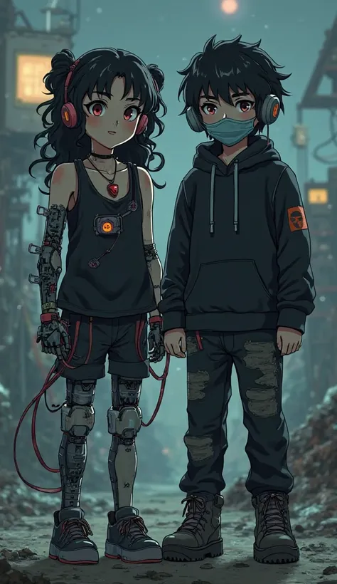 Semi-destroyed girl with curly black hair with pigtails wearing black clothes, On her right arm and leg she has robotic parts with red and black cables, in the chest, an artificial heart and robotic parts and headphones on the face, By your side, a boy wit...